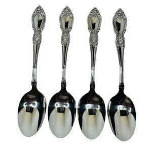 Oneida Plantation Stainless Place Spoons Set 4 Rose Floral Vintage 7" Flatware